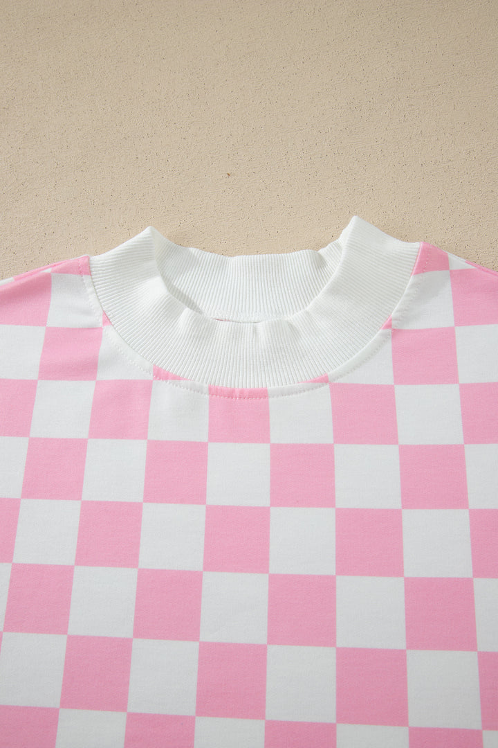 Pink Checkered Print Color Block Trim Mock Neck Short Set