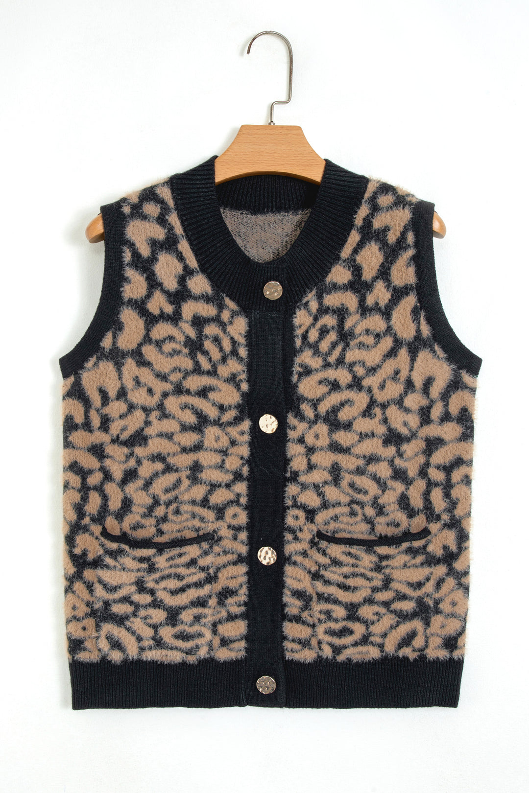 Black Leopard Print Knit Sleeveless Regular Wash Sweater Vest