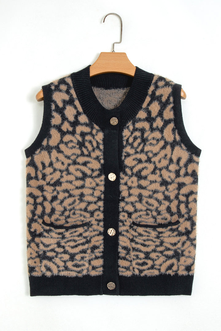 Black Leopard Print Knit Sleeveless Regular Wash Sweater Vest