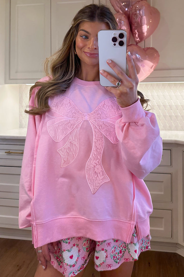 Lace Insert Bow Embroidered Exposed Seam Sweatshirt