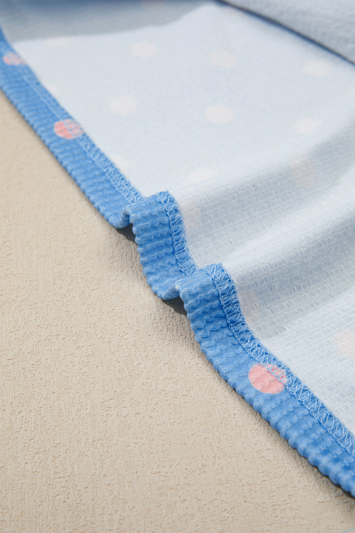 Sky Blue Raised Rib Polka Dot Print Cuffed Short Sleeve Top