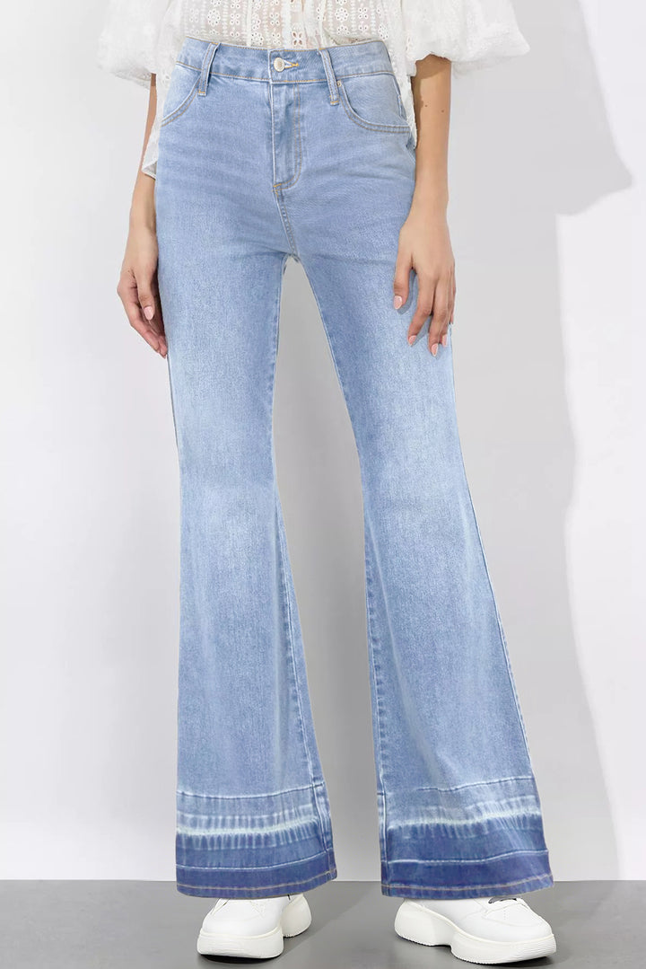 Iceland Blue Unique Hem Design Elastic Waist Flare Leg Jeans