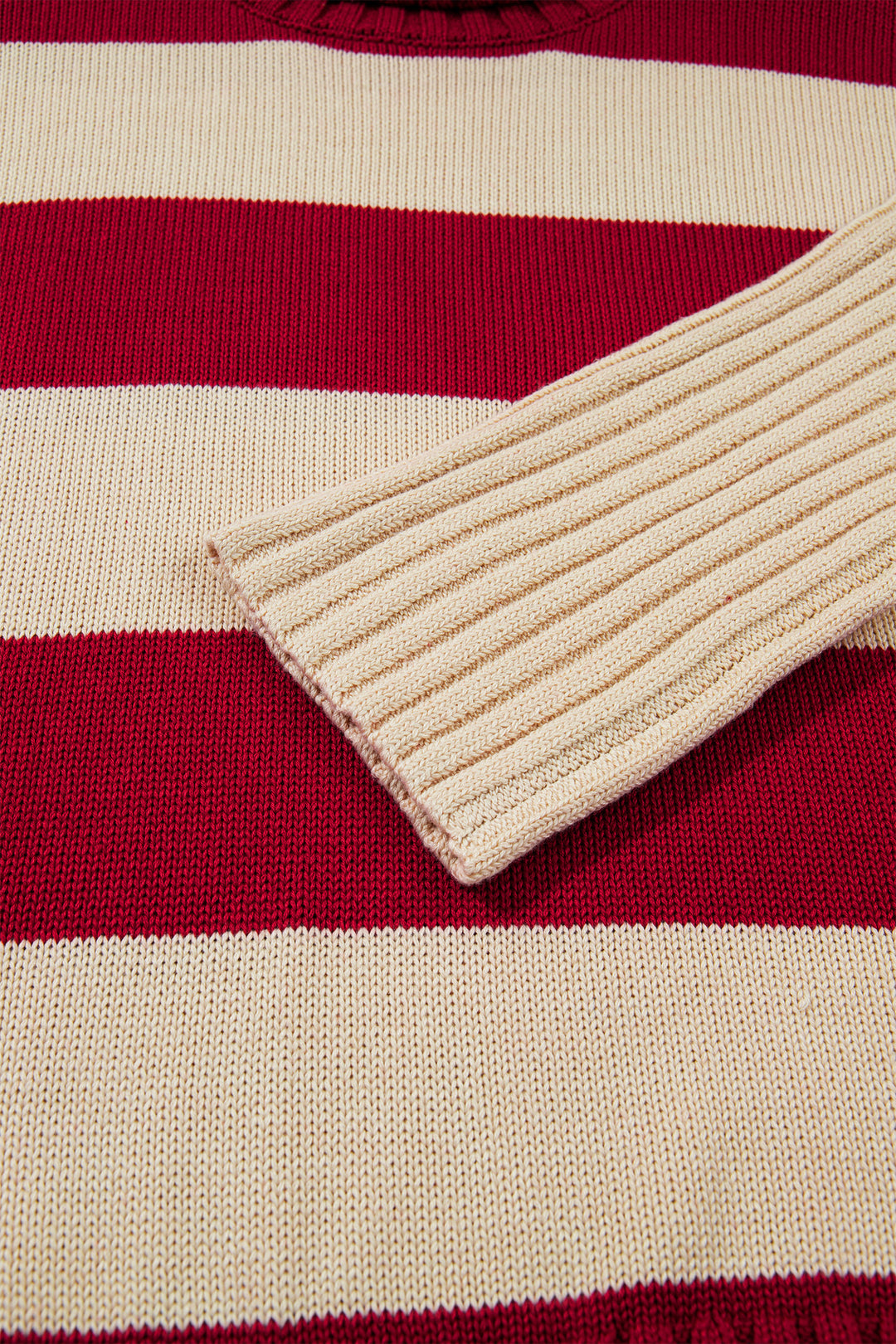 Red Stripe Ribbed Trim High Neck Relaxed Pullover Sweater