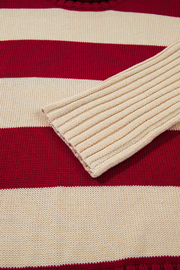 Red Stripe Ribbed Trim High Neck Relaxed Pullover Sweater