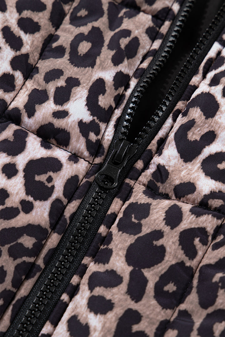Brown Leopard Quilted Full Zipper Casual Puff Vest