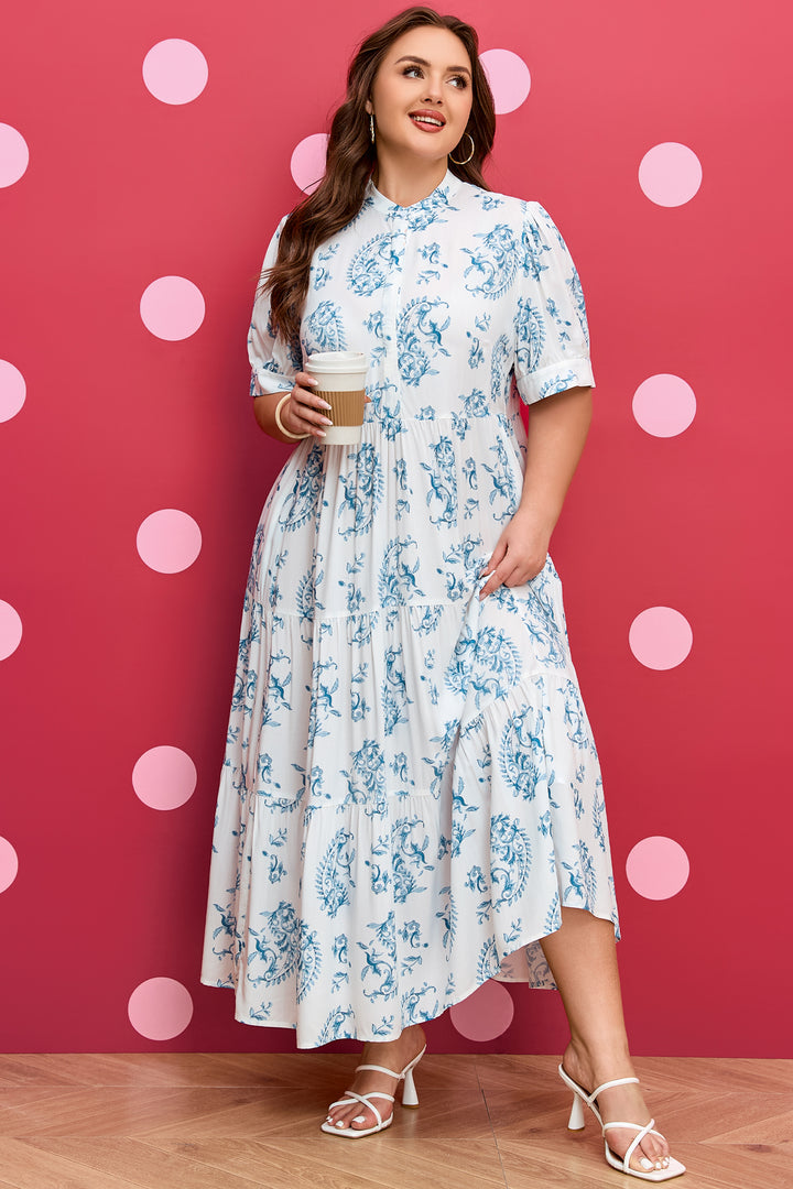 Sky Blue Plus Size Geometric Floral Print Short Sleeve Maxi Dress