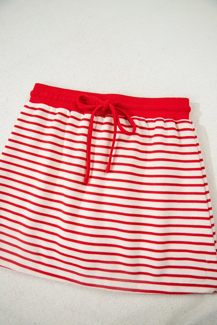 Red Stripe Collared V Neck Pullover and Skort 2pcs Outfit