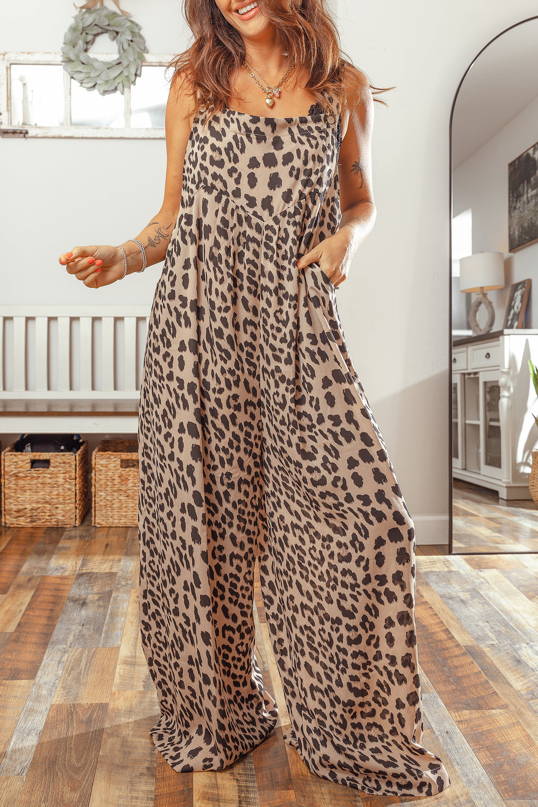 Khaki Leopard Print Square Neck Pleated Wide Leg Jumpsuit