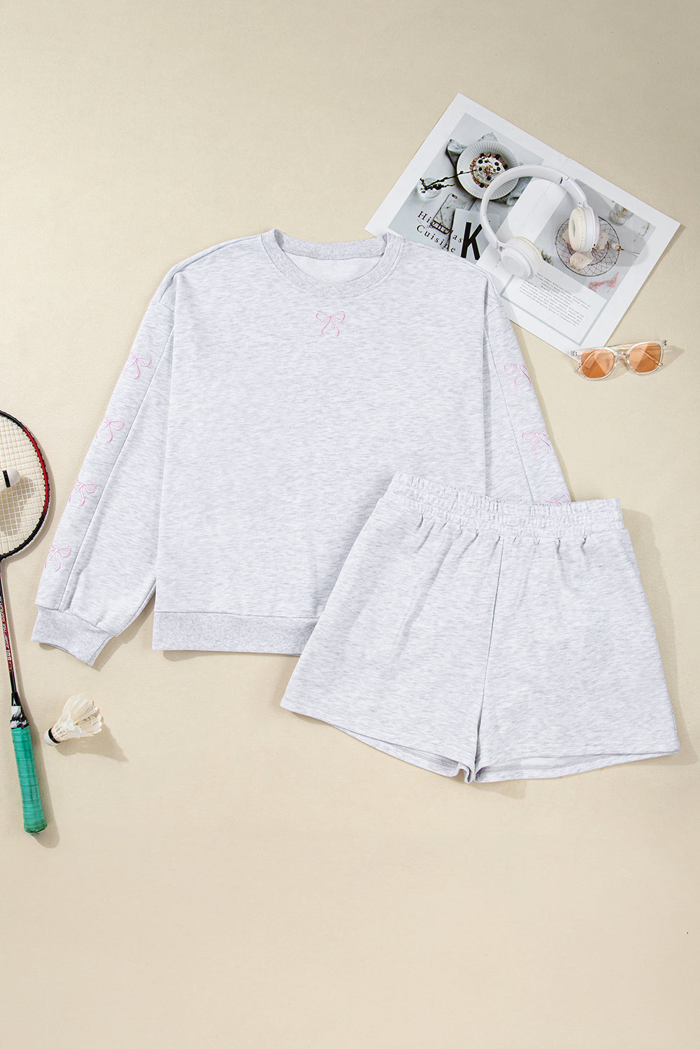 Light Grey Girly Bow Embroidered Pullover Loose Shorts Plus 2pcs Outfit