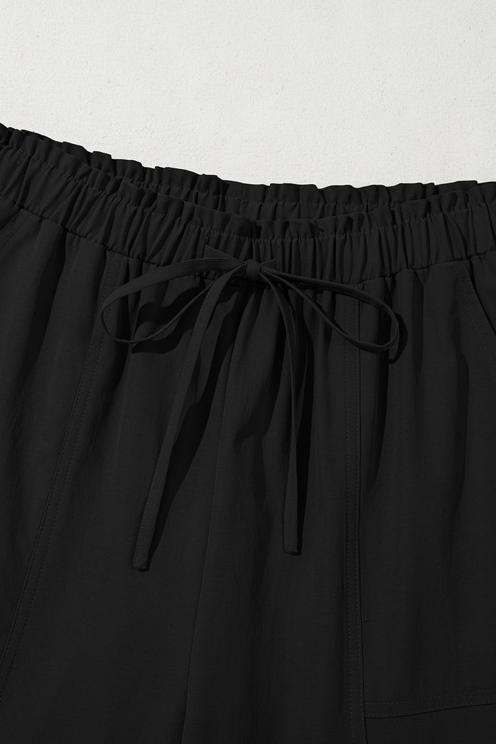 Black Solid Color Drawstring Elastic Waist Casual Loose Pants