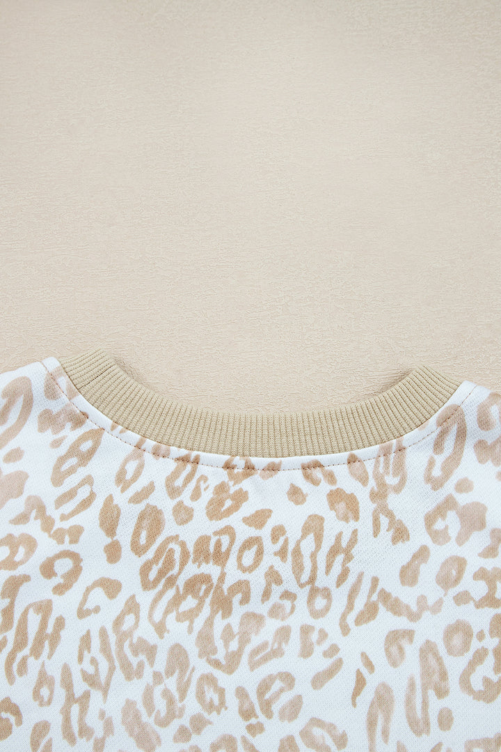 Leopard Ruffle Detail Ribbed Trim Round Neck Sweatshirt
