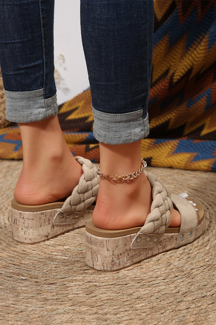 Woven Suede Band Wedge Slippers