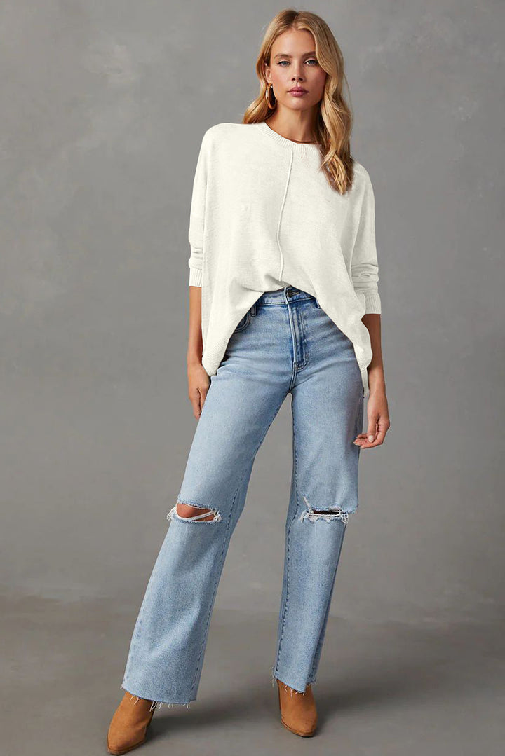 Front Center Seam Drop Shoulder Pullover Solid Sweater