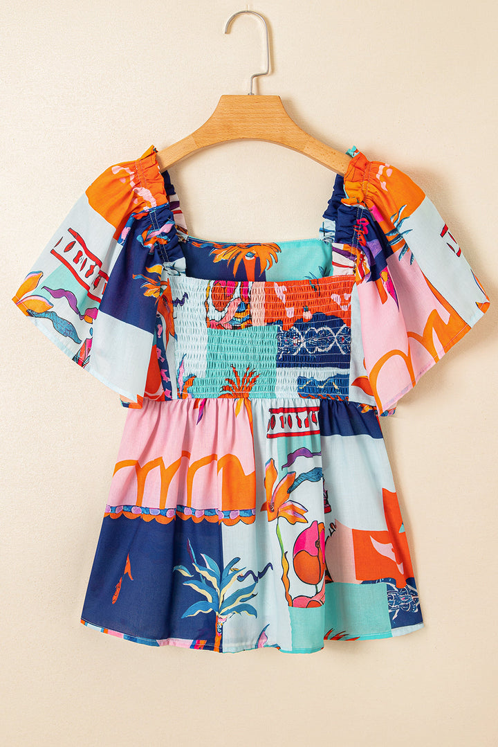 tropical printed square neck flutter sleeve babydoll blouse