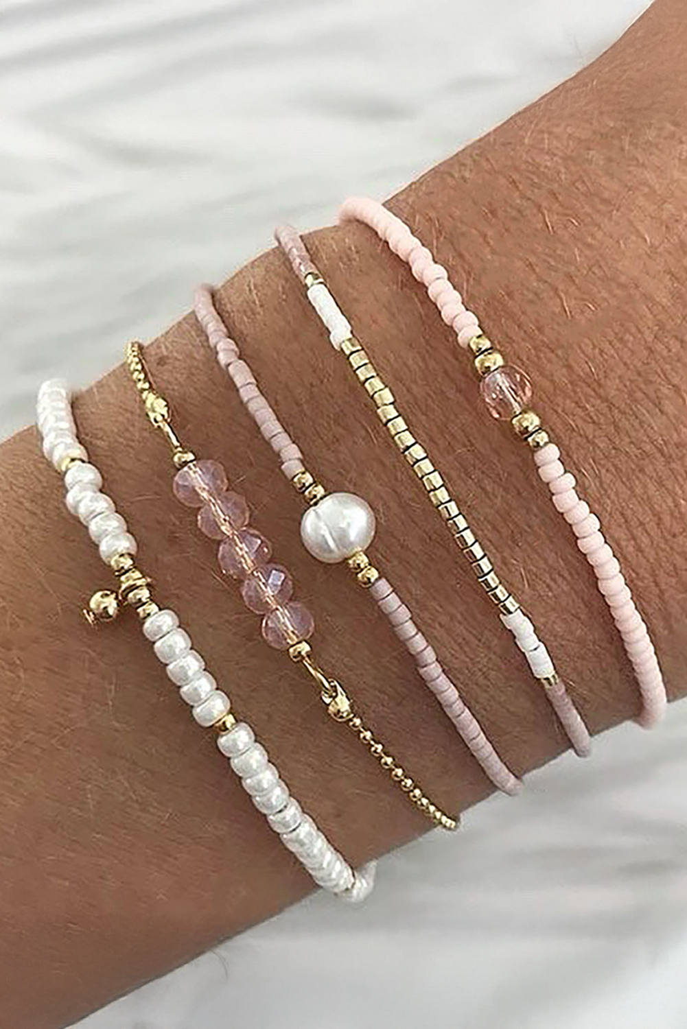 Pearl Crystal Bead Detail 5pcs Elastic Bracelet Set