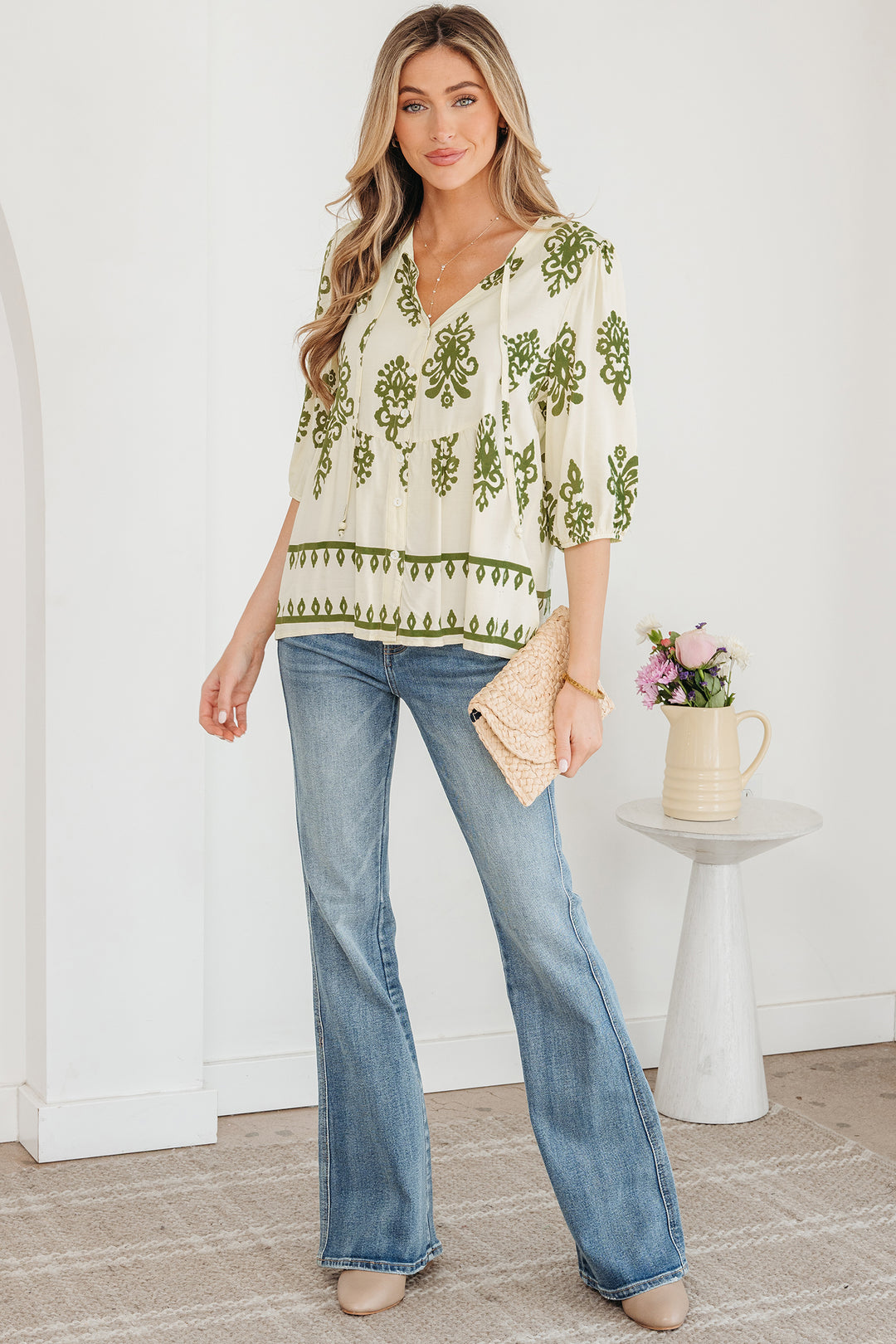 Floral Print Tie V Neck Button Down Puffy Half Sleeve Shirt
