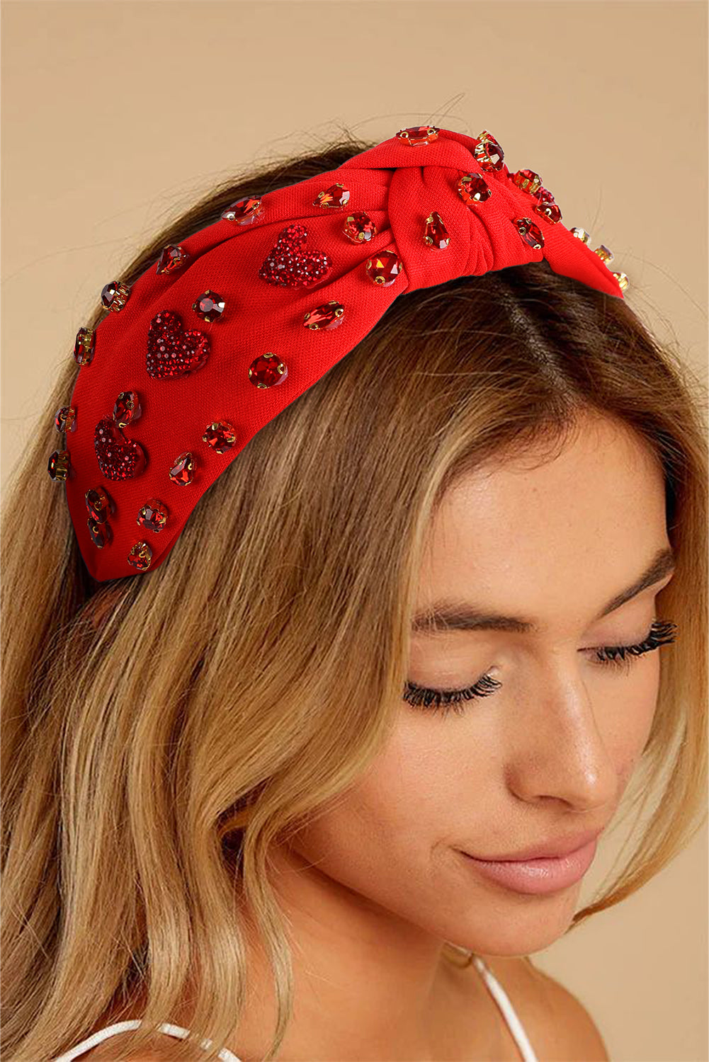 Serre-tête large noué en forme de cœur avec strass et verre