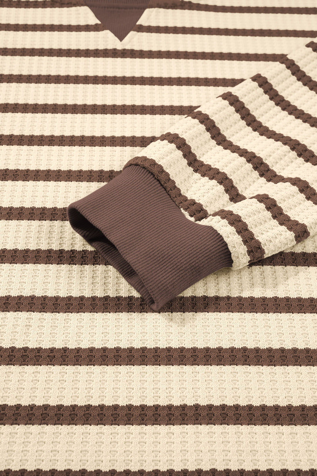 Brown Stripe Patchwork Ribbed Cuff Casual Pullover Sweatshirt