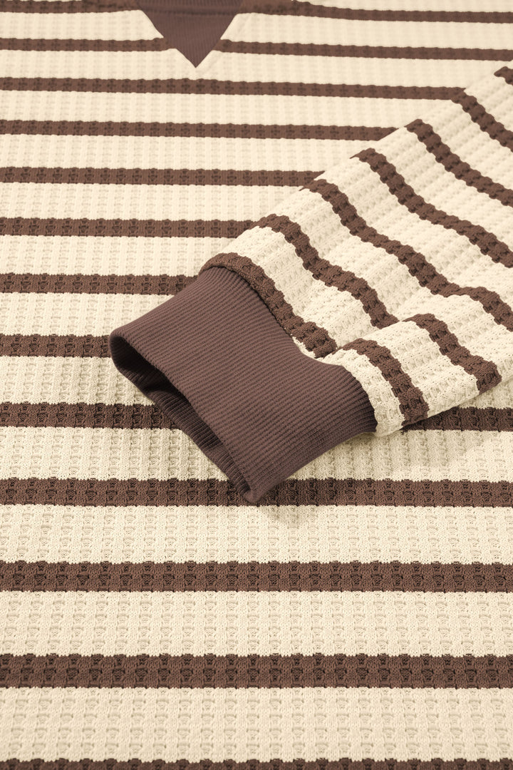Brown Stripe Patchwork Ribbed Cuff Casual Pullover Sweatshirt