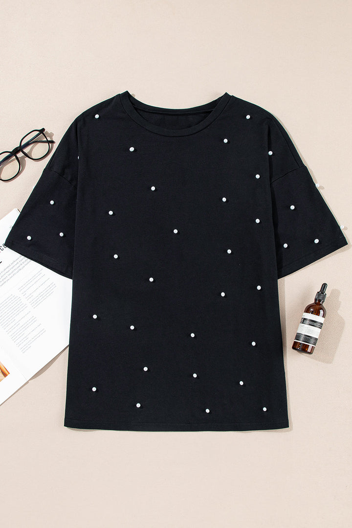 Pearl Beaded  Drop Shoulder Crewneck T Shirt