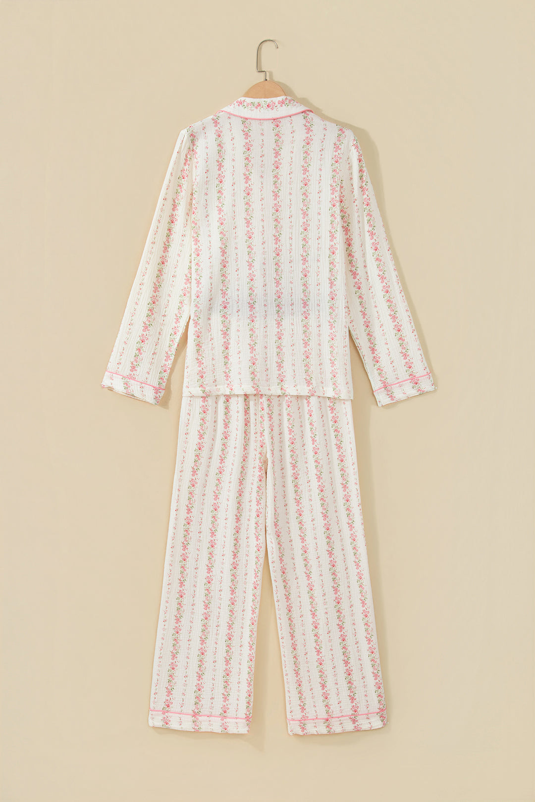 Pink Floral Print Long Sleeve Button Front Shirt Pajama Pant Set