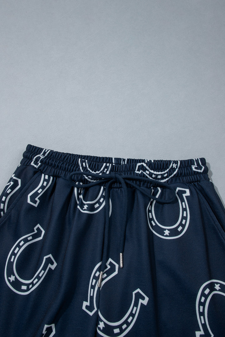 Blue Western Print Elastic Waist Pocket 2pcs Pant Set