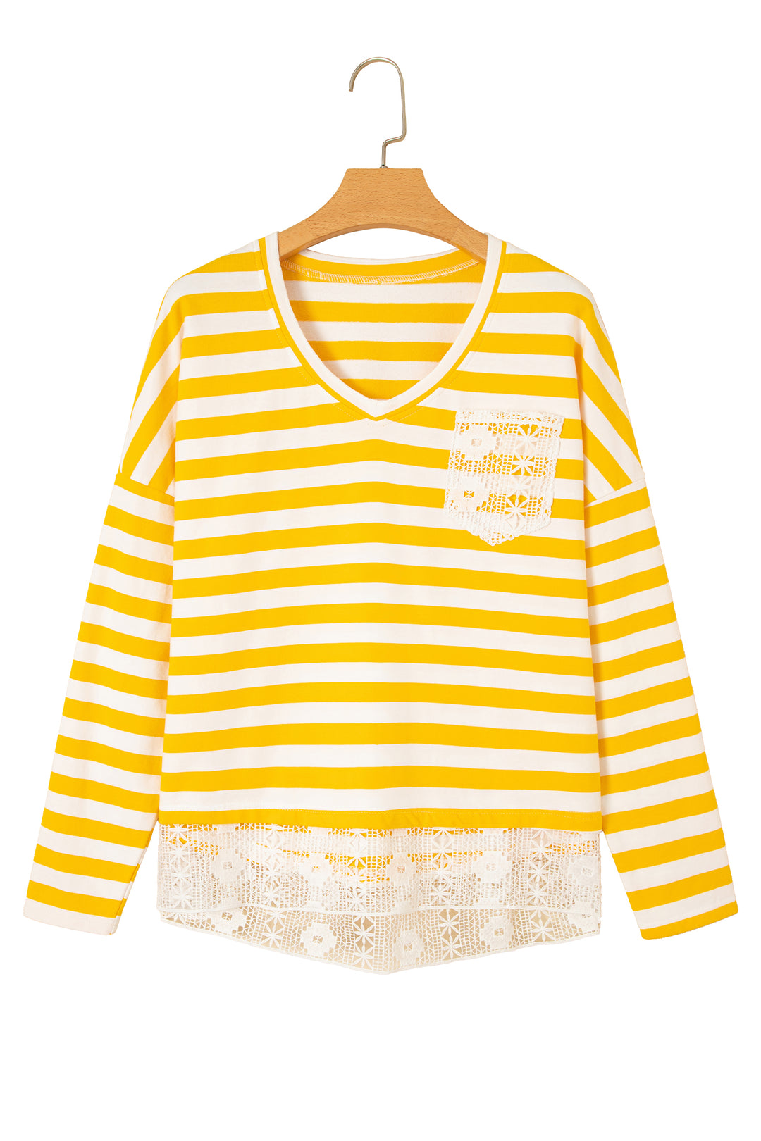 Yellow Stripe Striped Lace Patchwork V Neck Long Sleeve Top