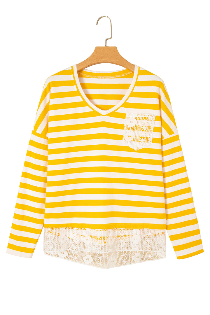 Yellow Stripe Striped Lace Patchwork V Neck Long Sleeve Top