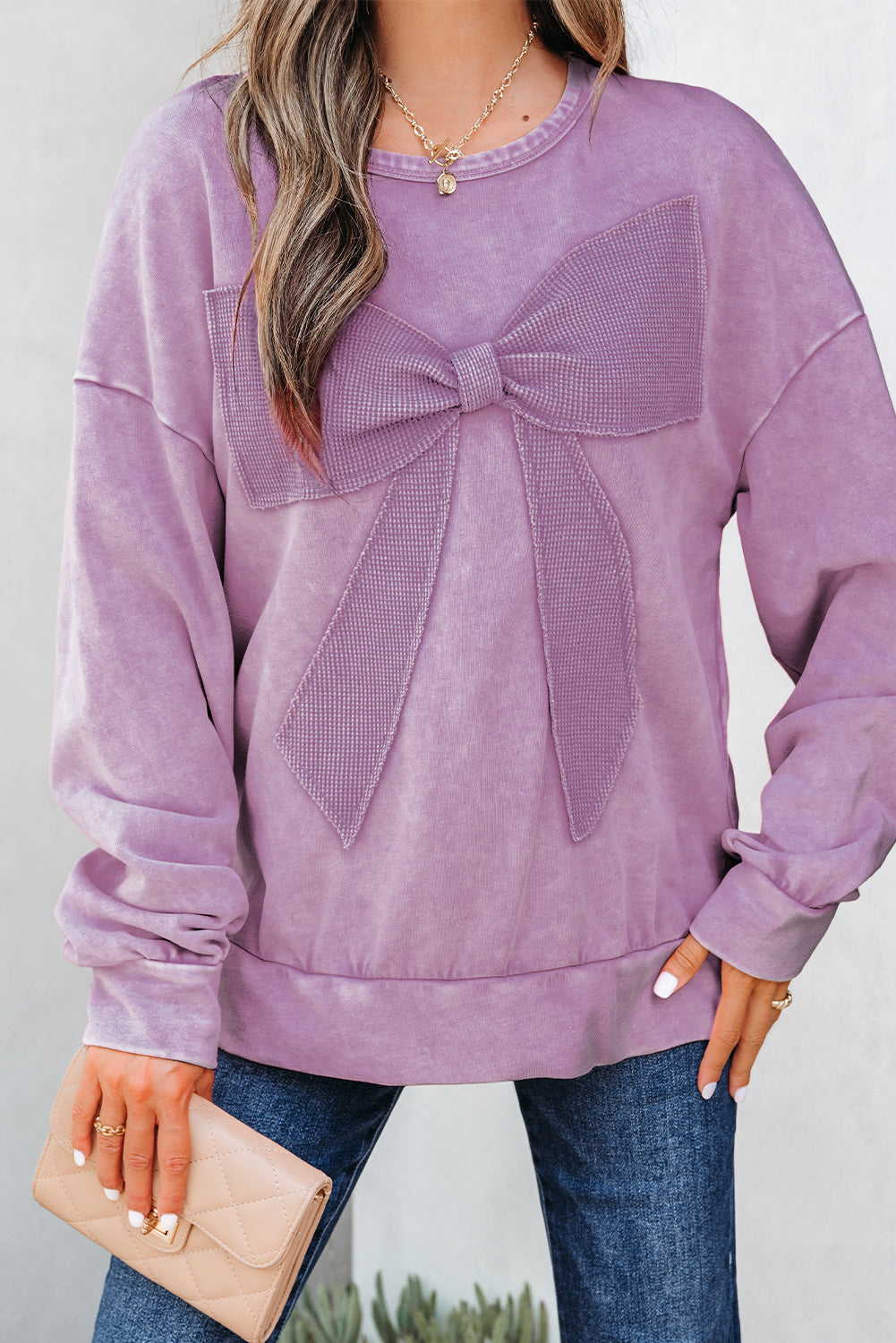 Mineral Wash Big Bow Patchwork Pullover Sweatshirt