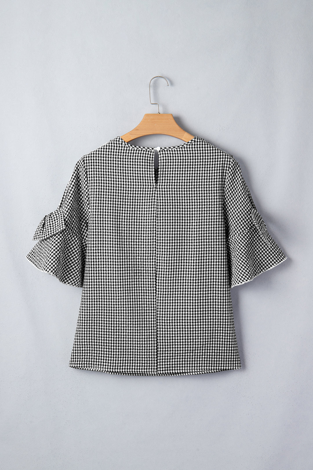 Black Plaid Bow Ruffled Half Sleeve Round Neck Blouse