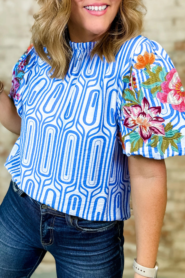 Sky Blue Unique Geometry Print Floral Embroidered Puff Sleeve Blouse