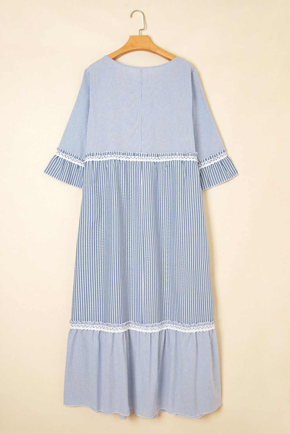Sky Blue Stripe Crisscross Lace Detail Plus Size Shift Long Dress