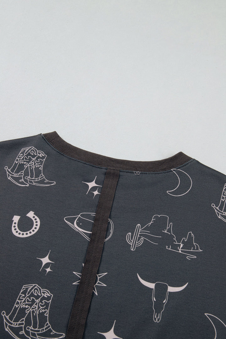 Gray Western Print Crew Neck Sweatshirt