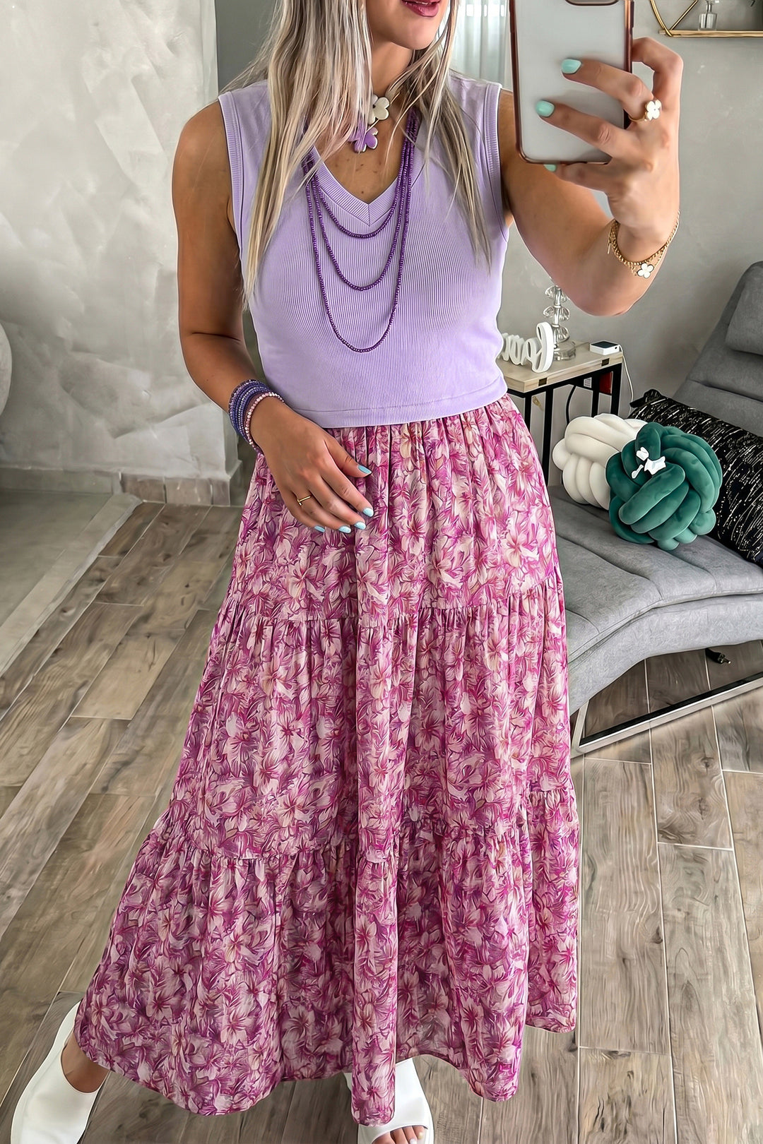Purple Ribbed V Neck Tank Floral Contrast Long Dress