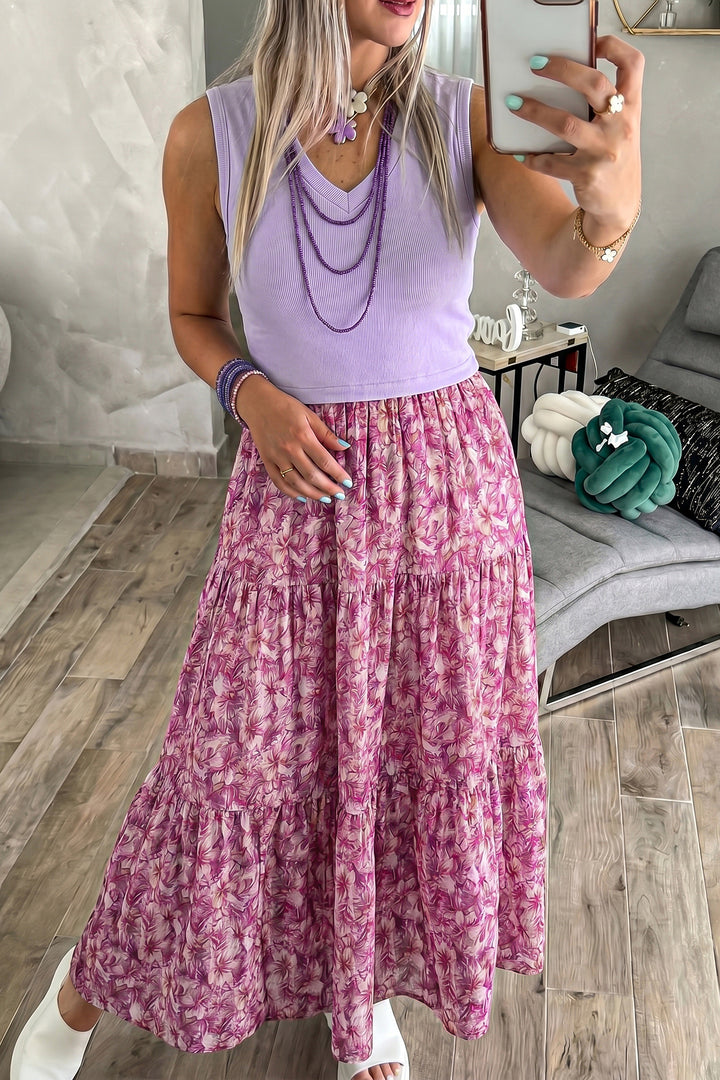 Purple Ribbed V Neck Tank Floral Contrast Long Dress