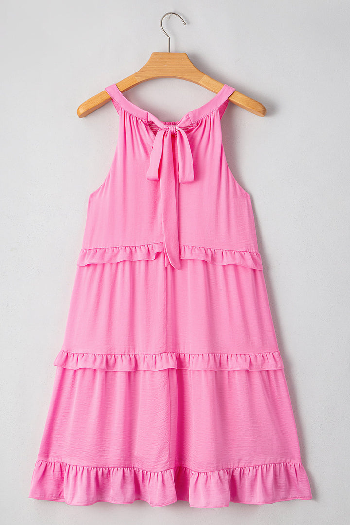 Smocked Neck Knot Back Frilly Tiered Sleeveless Mini Dress