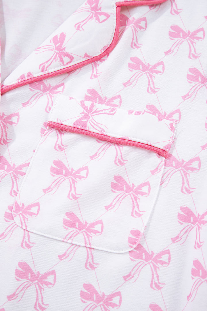 Pink Bow Print Long Sleeve Shirt and Pants Soft Pajama Set
