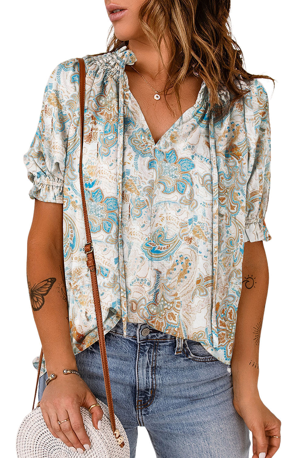 Sky Blue Paisley Pattern Print Drawstring V Neck Blouse