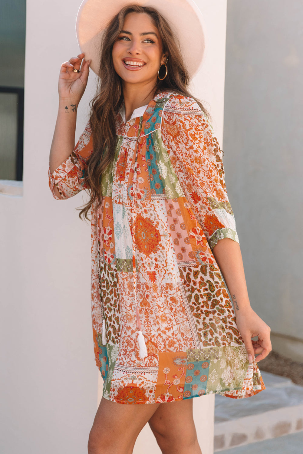 Boho Paisley Mixed Print 3/4 Sleeve Chiffon Loose Dress