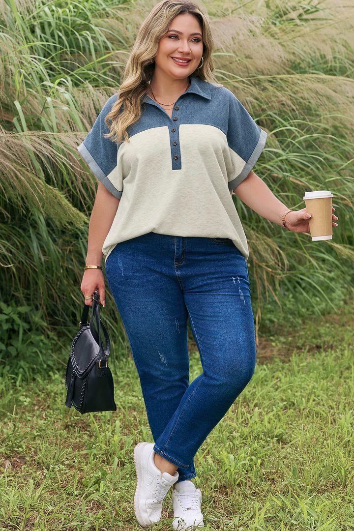 Light Grey Half Buttons Collared Denim Plus Short Sleeve Top