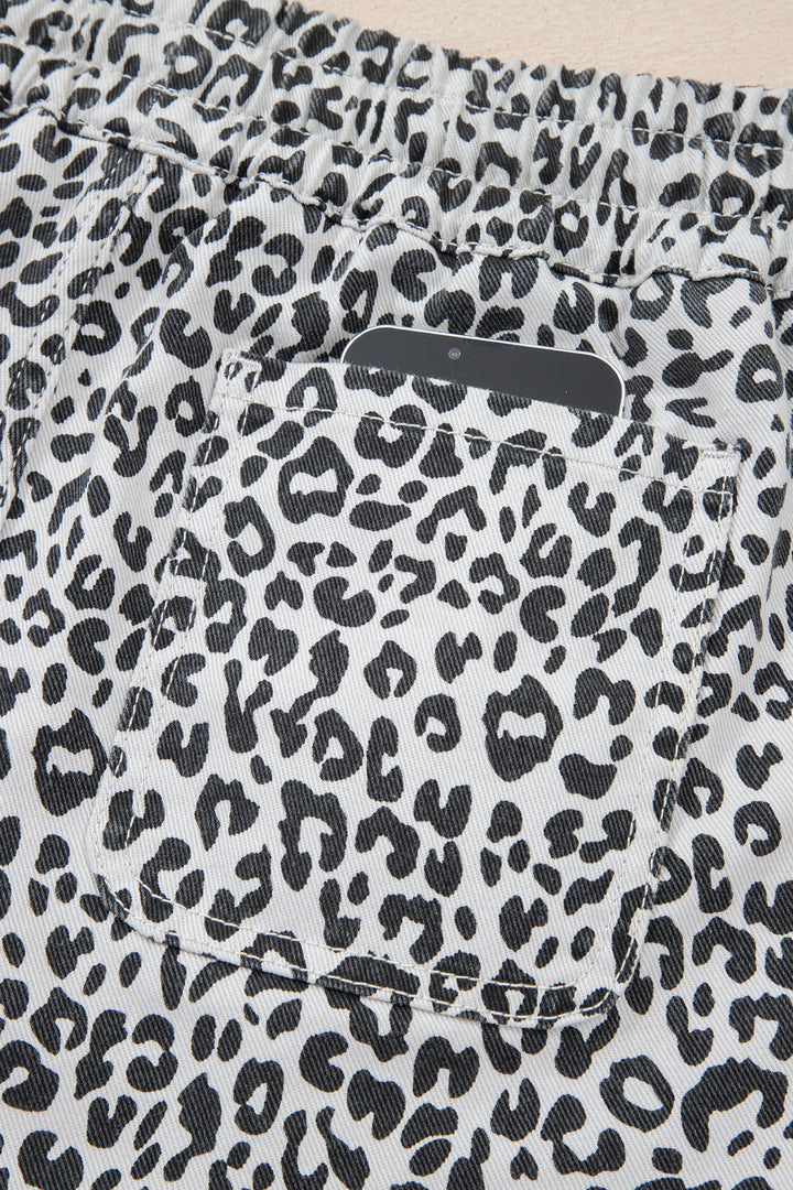 Khaki Leopard Print Tassel Drawstring Casual Denim Skort