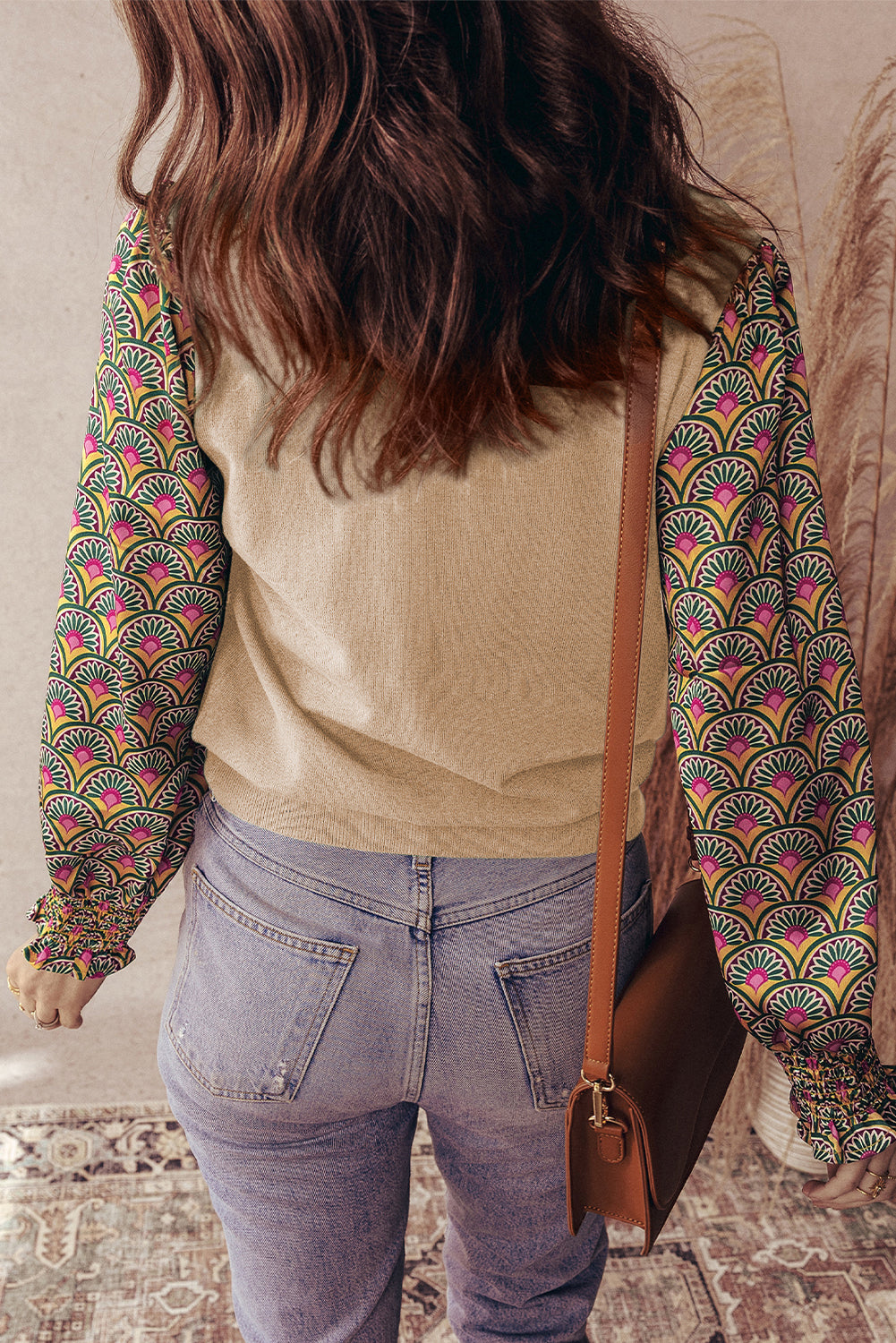 Floral Patchwork Shirred Cuff Puff Sleeve Sweater