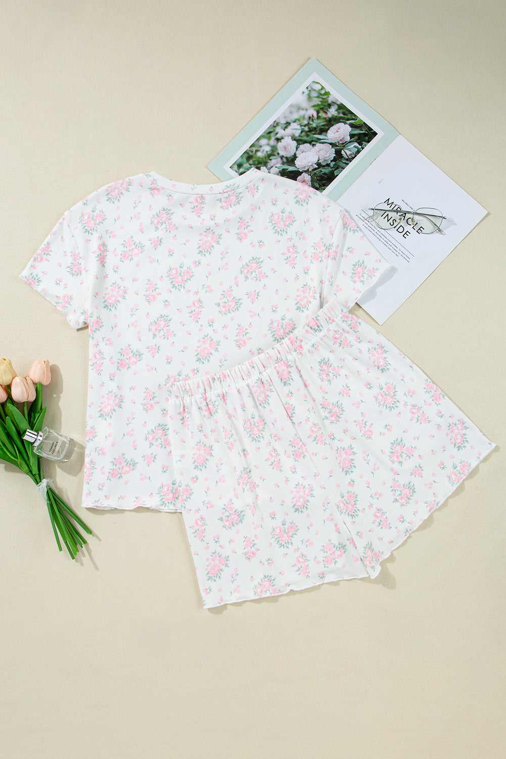 Cute Pink Floral Lettuce Trim Tee and Shorts Ribbed Lounge Set