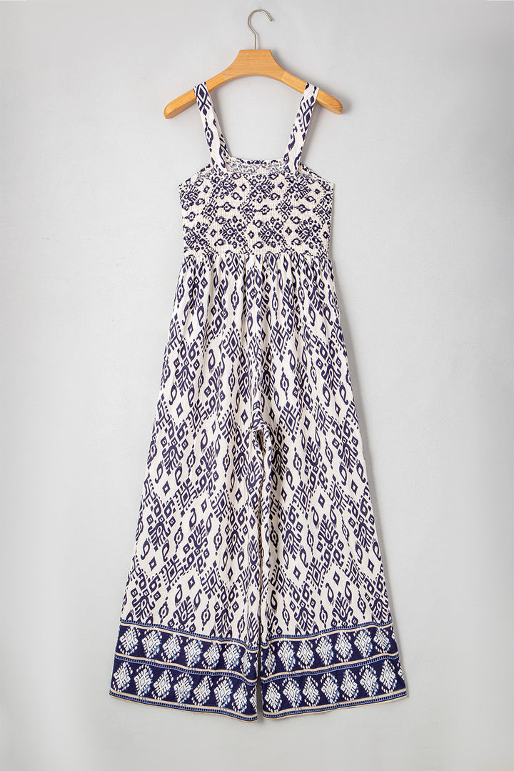 Blue Boho Geometric Print Shirred High Waist Wide Leg Jumpsuit