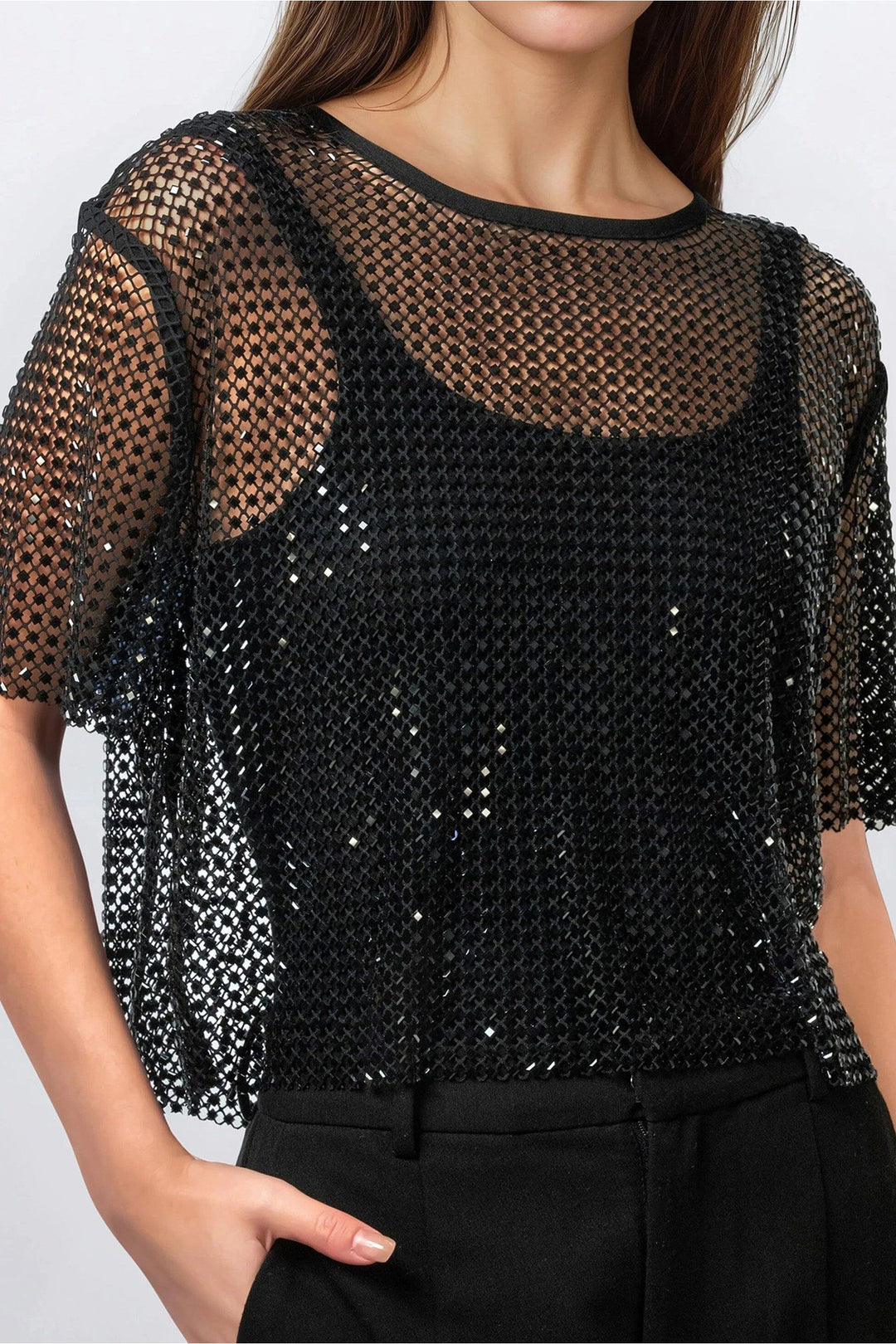 Black Rhinestone Mesh Round Neck Raw Hem T Shirt