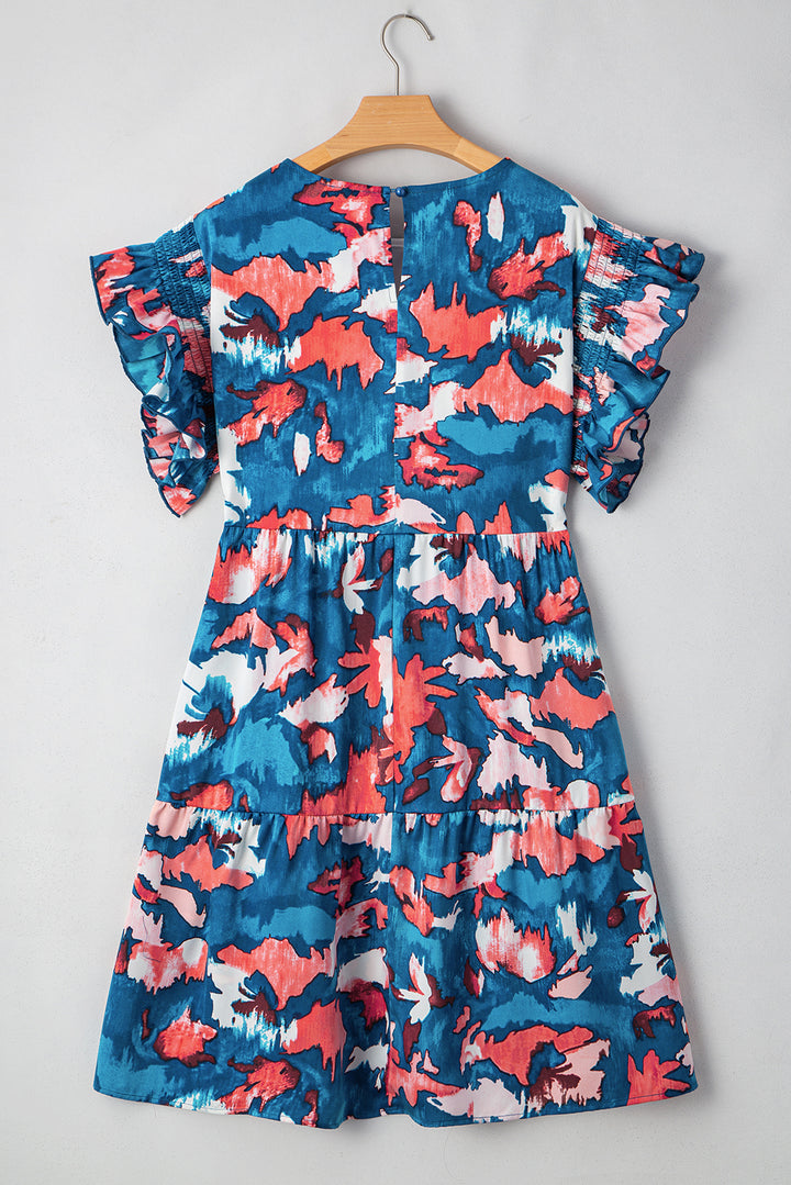 Blue Abstract Print Short Sleeve Tiered Plus Size Mini Dress