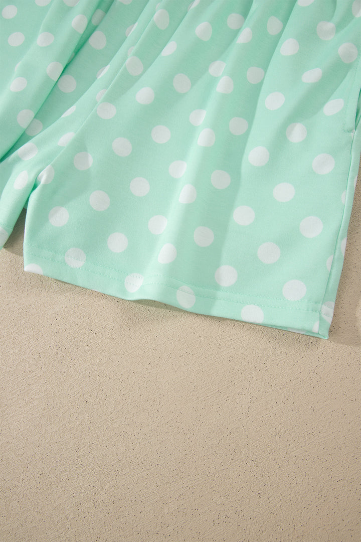 Green Polka Dot Print Color Block Trim Mock Neck Short Set