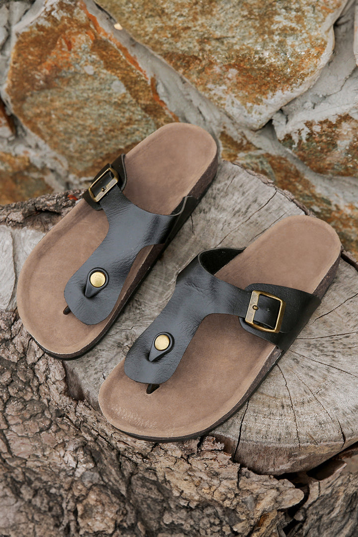 Vintage Buckle PU Leather Thong Slippers
