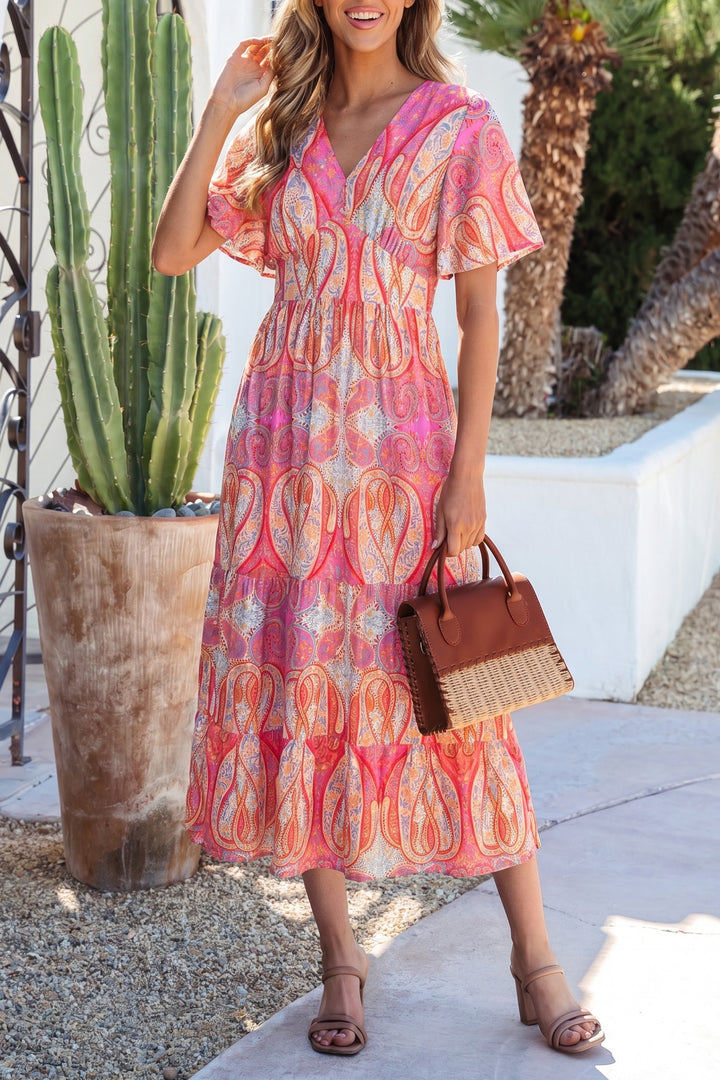 Chic Paisley Print Short Sleeve Boho Maxi Dress with Ruffle Details
