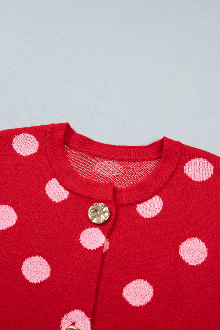 Red Polka Dot Sleeveless Knit Button Drop Shoulder Sweater Vest